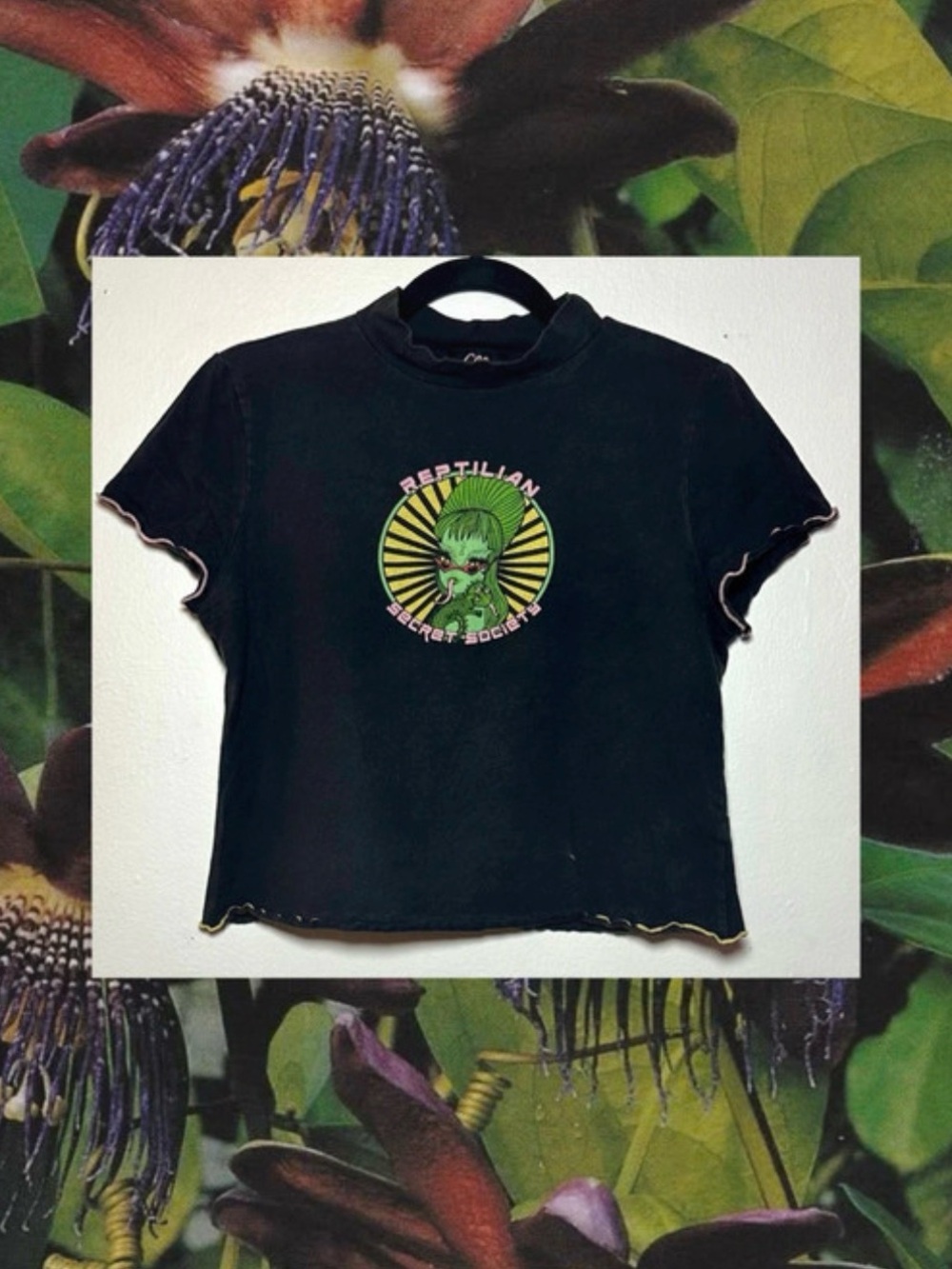 Valfre Black Crop Tee with Neon Green Reptilian Graphic Large